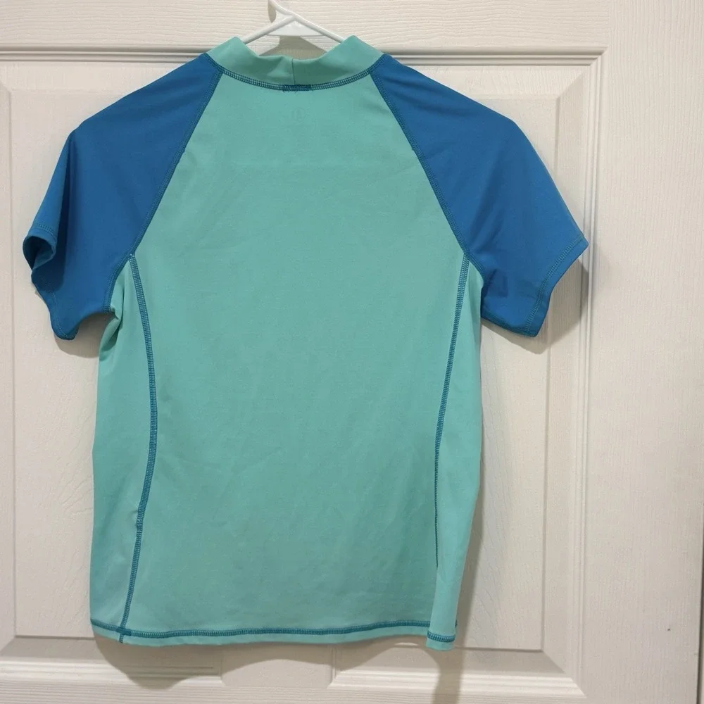 Lands End Two Tone Teal Rash guard with Rainbow Dolphin Swim Shirt  Kids Large
